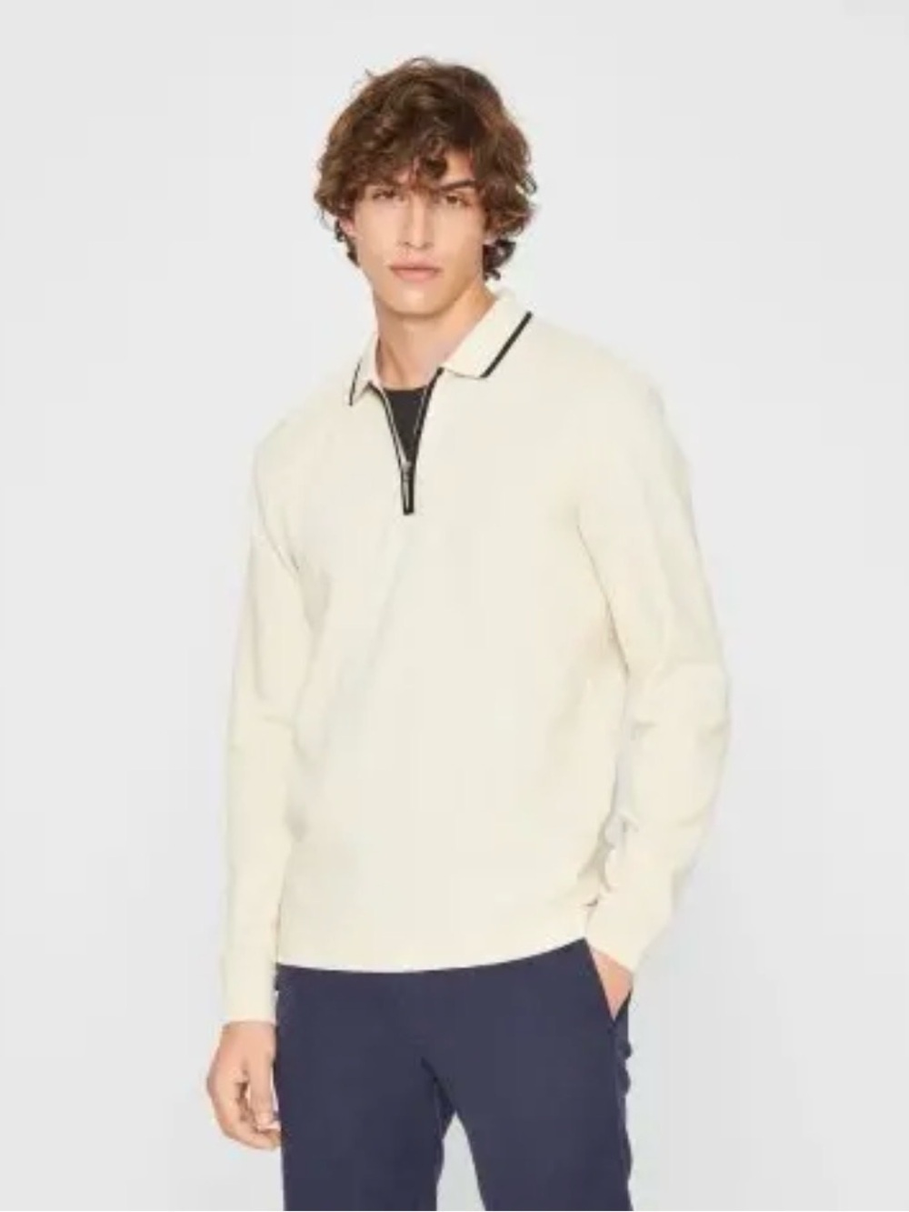 Club Monaco Cream 1/4 Zip Polo Sweater Size Large Black Contrast Trim Cotton